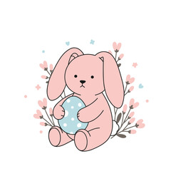 Easter bunny plush toy holding egg, flat vector illustration in minimal clean design with pastel background and floral accents