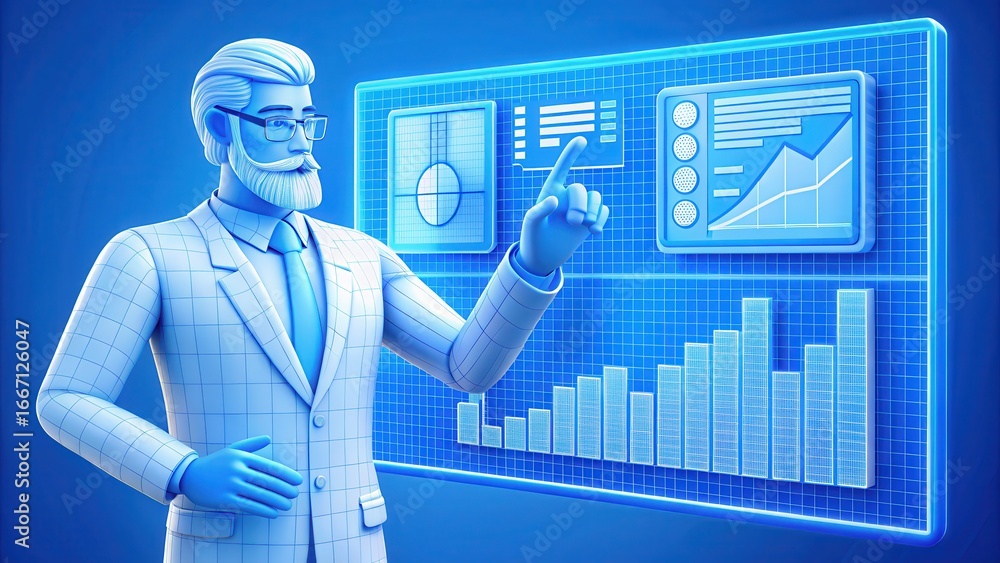 Poster explainable ai 3d illustration of a businessman presenting data on a digital screen.