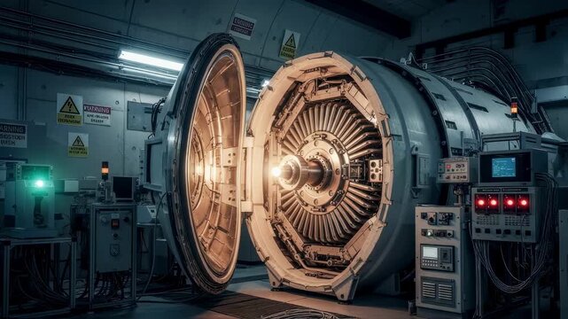 Industrialgrade cyclotron machine encased in radiationproof materials within a nuclear medicine target vault aimed at PET isotope generation.