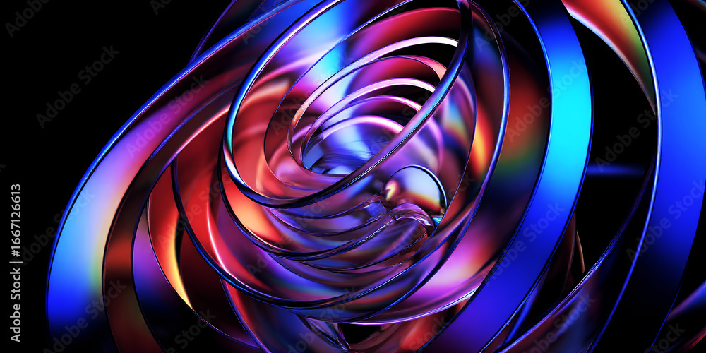 Poster abstract colorful metallic rings swirling around on a black background creating depth
