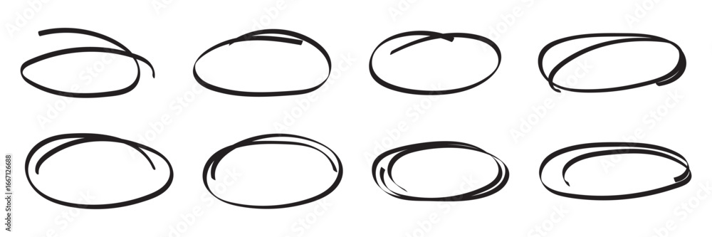 Poster set of hand drawn red circles and ovals. highlight circle frames. ellipses in doodle style. vector i