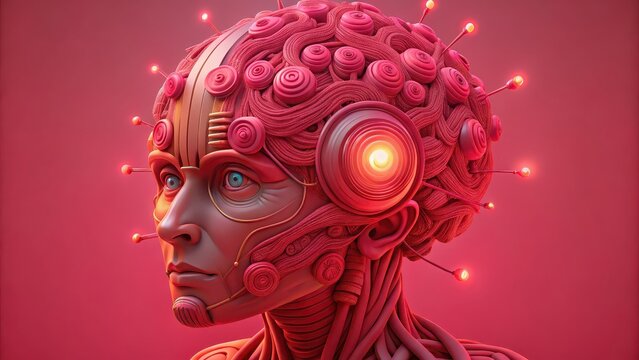 personalized ai solutions Futuristic humanoid figure with intricate circuitry against a vibrant pink background.