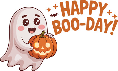 Cute ghost holding a jack o lantern with happy boo day text halloween pumpkin