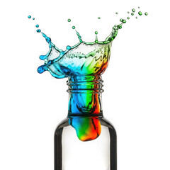 Vibrant liquid splash emerging from glass bottle