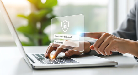 Person logging into a laptop with a digital security interface overlay showing username and password fields