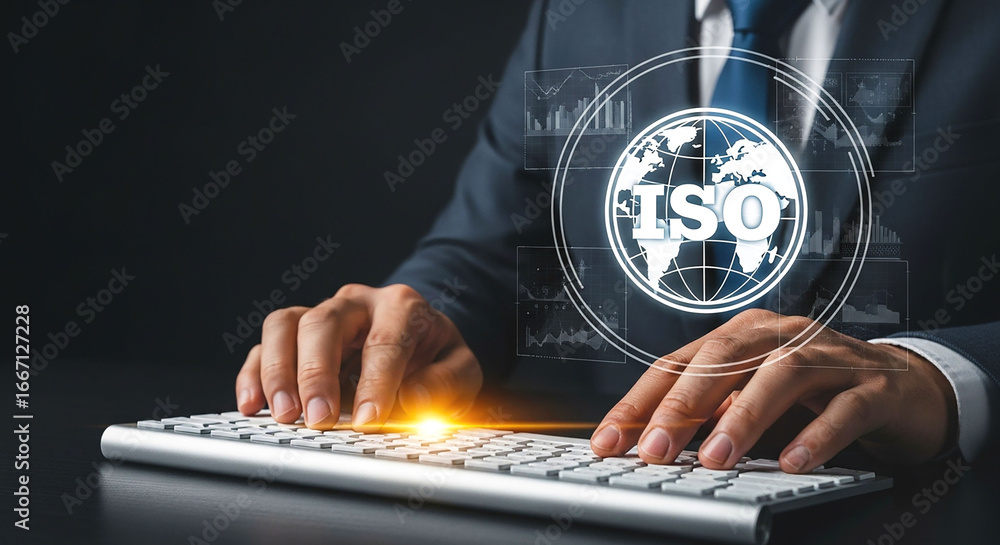 Poster a person typing on a keyboard with an iso graphic overlay and a dark background in a studio shot