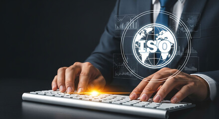 A person typing on a keyboard with an iso graphic overlay and a dark background in a studio shot