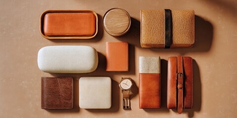Elegant Beige and Brown Leather Accessories Flatlay for Fashion and Style