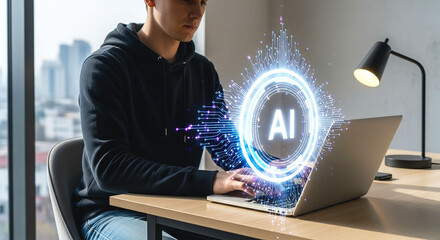 A person using a laptop with an ai graphic overlay in an office setting with city view background