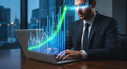 Businessman working on laptop with financial graph overlay in a modern office setting at night