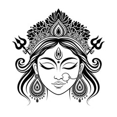 Serene face of Goddess Durga in meditation, black and white stencil vector art