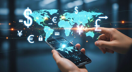 Person holding phone with world map and currency symbols floating above the device in a dark setting