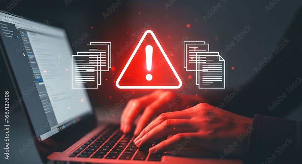 Aufkleber hands typing on laptop with red alert triangle and document icons indicating potential security thre