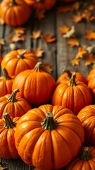 Top view over the orange pumpkins on the wooden backgound Halloween thanksgiving and autumn harvest