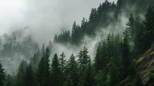 Mystical Mountain Scene: Dense evergreen forests ascend a steep mountain slope, swathed in an ethereal cloak of mist, evoking a sense of timelessness and solitude. 