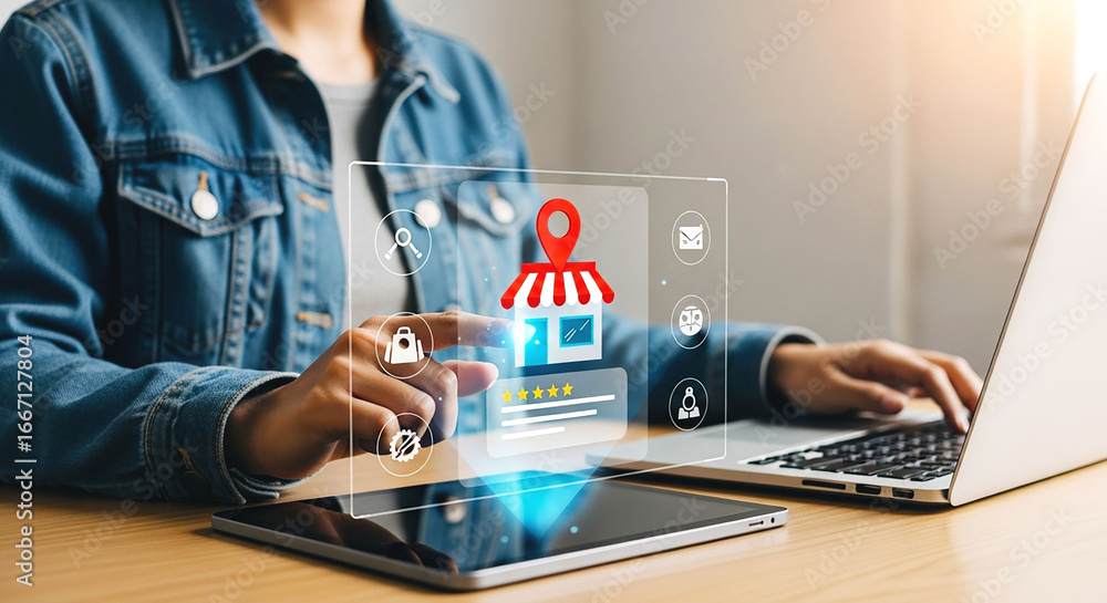 Aufkleber person using laptop and tablet with online store interface overlay for business applications shown c