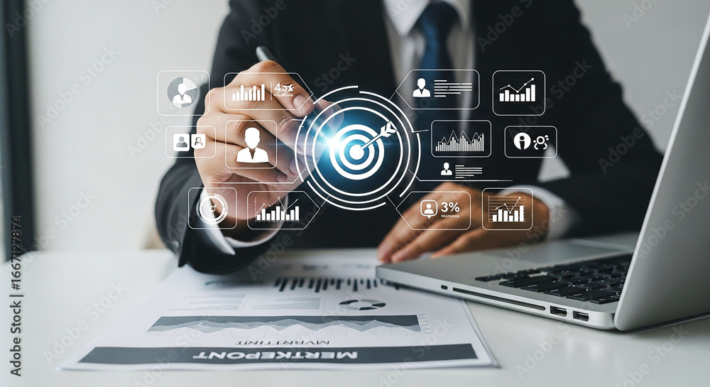 Poster businessman pointing at target icon with digital interface on laptop and report on desk