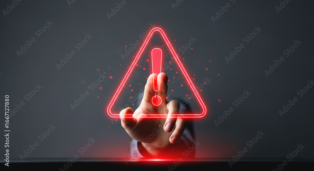 Poster a hand touching a red glowing exclamation point inside of a triangle on a dark gray background