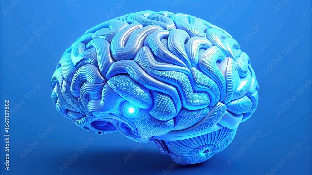Poster personalized ai solutions 3d illustration of a brain with intricate patterns and a blue background.