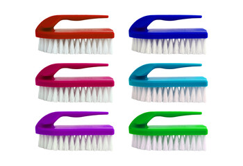Set of six colorful scrub brushes for cleaning tasks isolated on transparent background