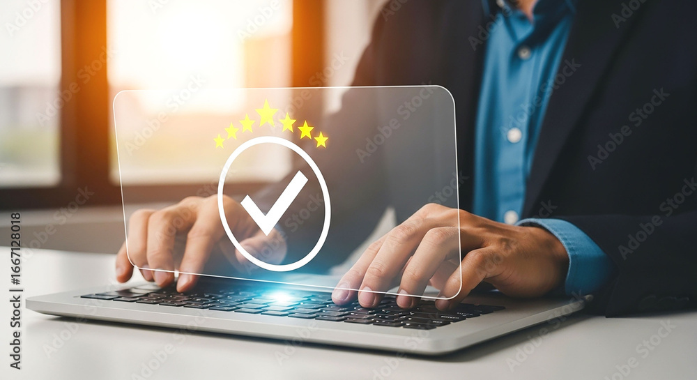 Aufkleber person using laptop with a five star rating and a check mark graphic overlayed on the screen view