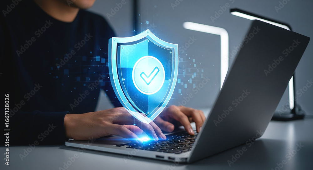 Aufkleber person using laptop with digital shield and checkmark overlay for data protection and security onlin