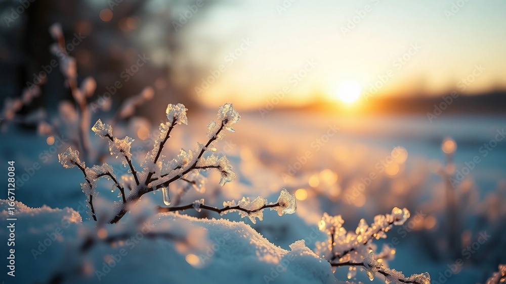 Poster Enchanting allure of a wintry dawn where fragile ice formations embrace every object and atmosphere