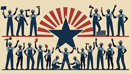 Construction workers collaborating and celebrating teamwork with tools  