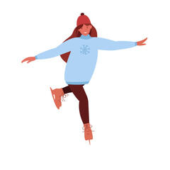 A young woman in a hat and sweater is skating.