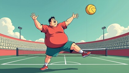 Chubby man playing volleyball in stadium with excited expression  