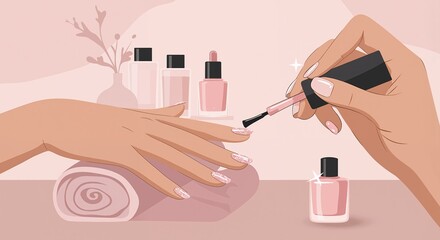 Woman applying nail polish on her hand at beauty salon table