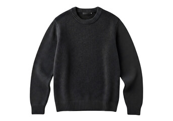 A dark gray knitted sweater with a crew neckline and long sleeves is displayed against a stark black background.