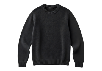 A dark gray knitted sweater with a crew neckline and long sleeves is displayed against a stark black background.