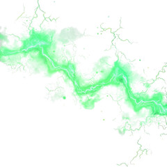 Vibrant green electric lightning bolt with glowing energy and sparkles isolated on transparent background
