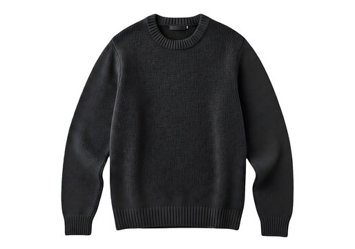 A dark gray knitted sweater with a crew neckline and long sleeves is displayed against a stark black background.