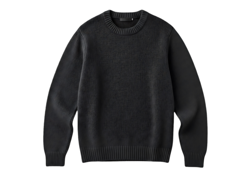 A dark gray knitted sweater with a crew neckline and long sleeves is displayed against a stark black background.