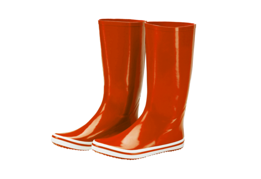 Pair of shiny orange tall rain boots isolated on transparent background