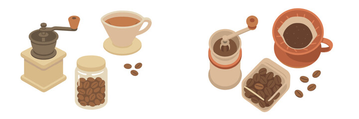 Coffee Grinder and Pour Over Maker with Beans, Minimalist flat design