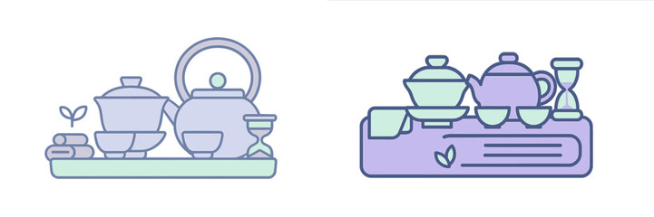 Tea Ceremony Set with Hourglass and Leaves, Minimalist flat design