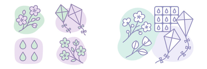 Kites and blooming flowers in spring, Minimalist flat design