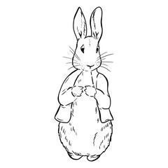 Peter Rabbit in line art style, vintage illustration children's book character for design and printing.