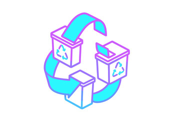 Recycling process with neon arrows and boxes, Minimalist flat design