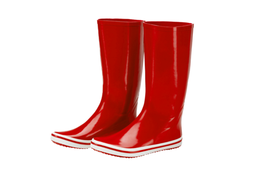 Pair of shiny red tall rain boots isolated on transparent background