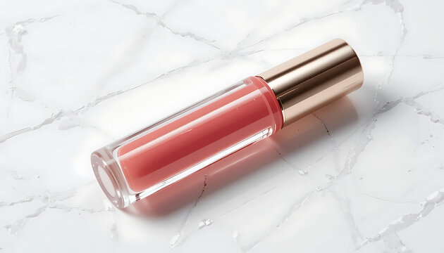 A luxurious pink lip gloss in a clear tube with a golden cap rests elegantly on a white marble surface, showcasing its glossy texture and appealing shade - Powered by Adobe
