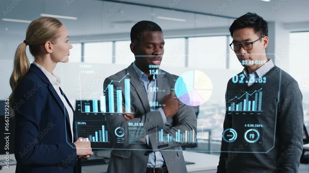 Poster diverse business team analyzing data on holographic interface - a diverse team of business professio