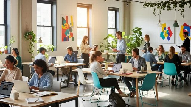 Open office space is filled with employees working collaboratively, desks are spread throughout with natural light and plants. Open office space creates collaborative environment