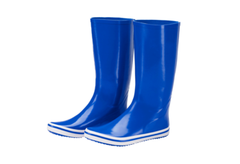 Pair of shiny blue tall rain boots isolated on transparent background