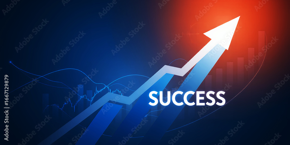 Poster white arrow pointing upwards with the word success on a blue and red gradient background