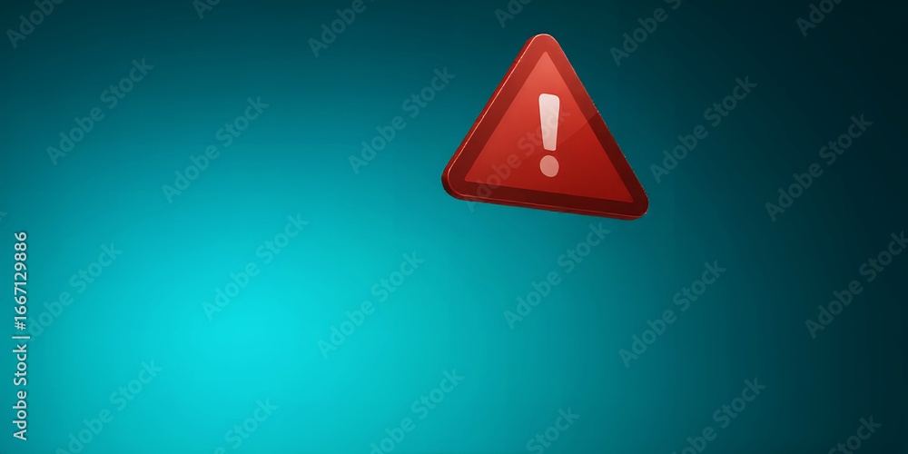 Poster a red triangular warning sign with an exclamation point on a teal blue background