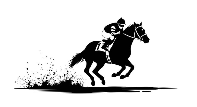 Horse Racing with Jockey Silhouette Illustration on White Background Black and White Silhouette - Powered by Adobe